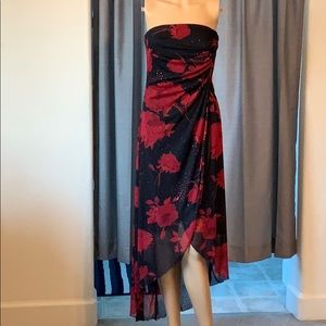 Red and black strapless hi low dress